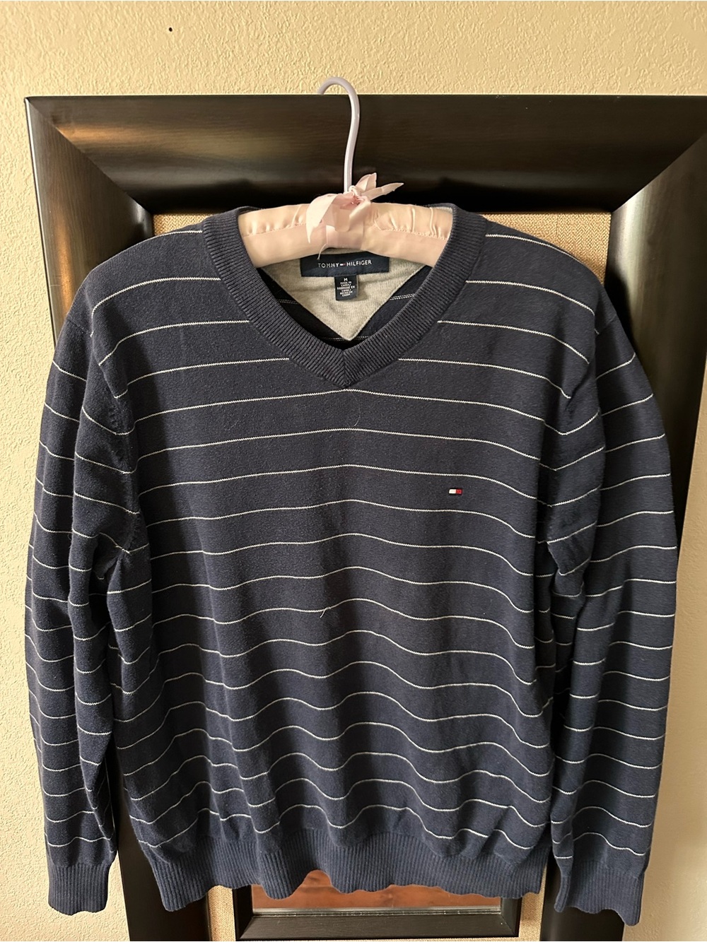Tommy Hilfiger Navy V-Neck Sweater with White Stripes